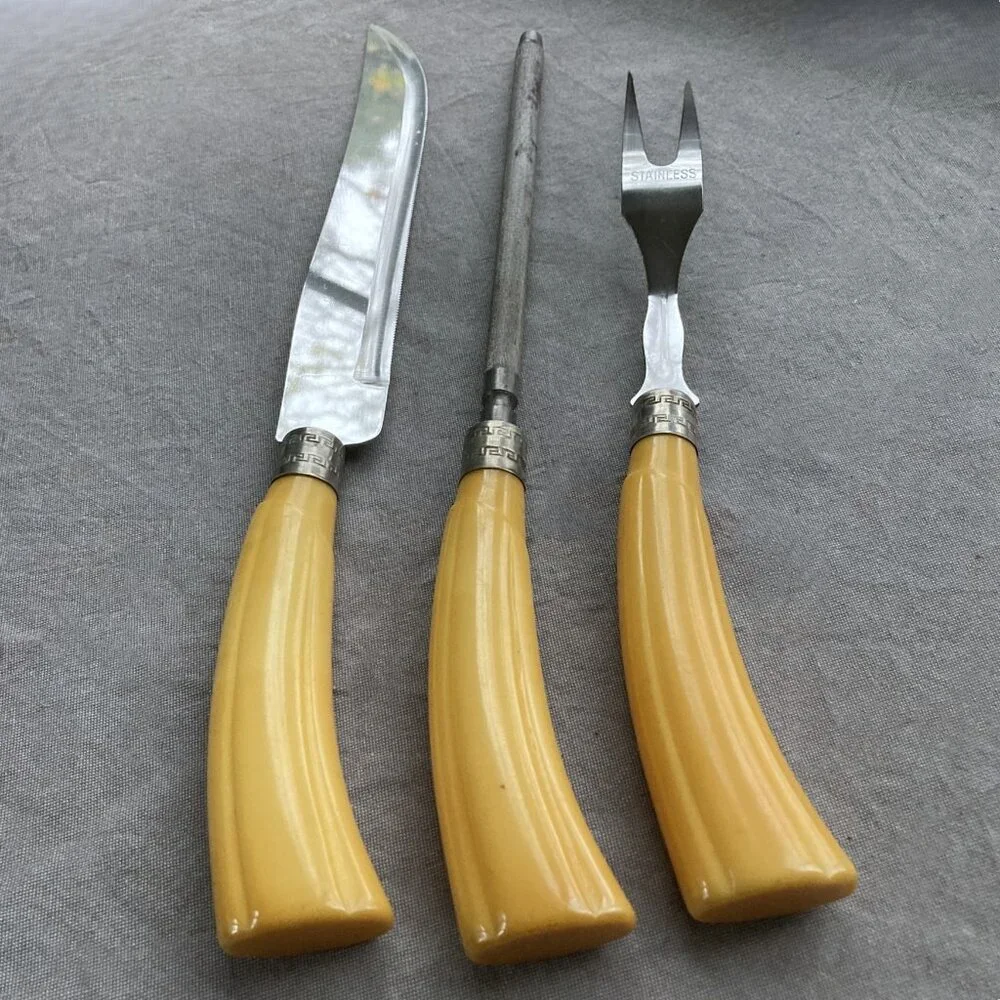 BAKELITE Handled Sheffield 3pc. Carving Set, Westall Richardson, England Vintage